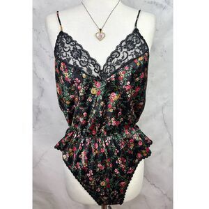 Vtg 80s Myonne Hi-Cut Bodysuit Teddy Snap Crotch Lingerie Satin Lace Glam Rock